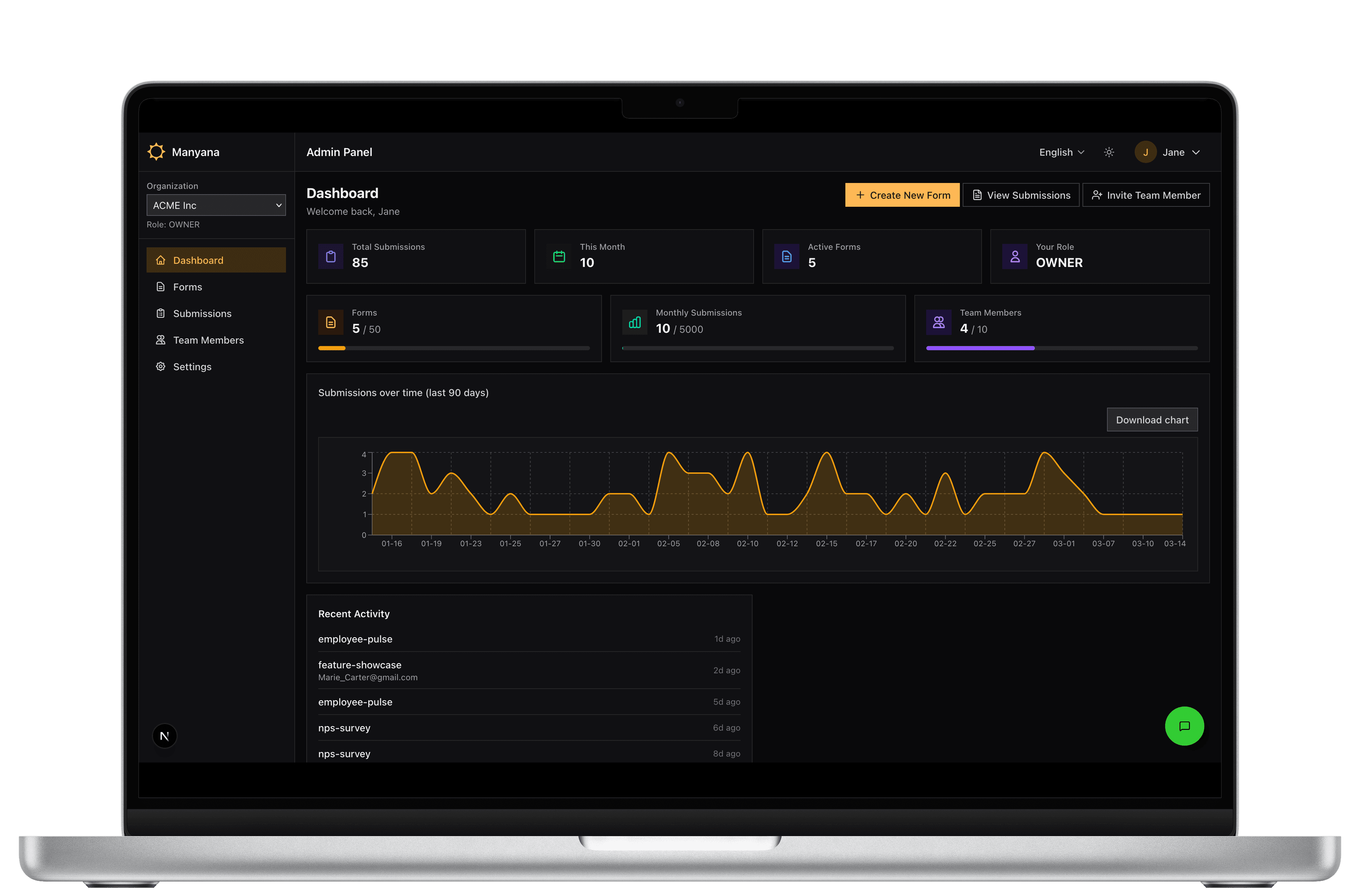 Manyana dashboard on desktop