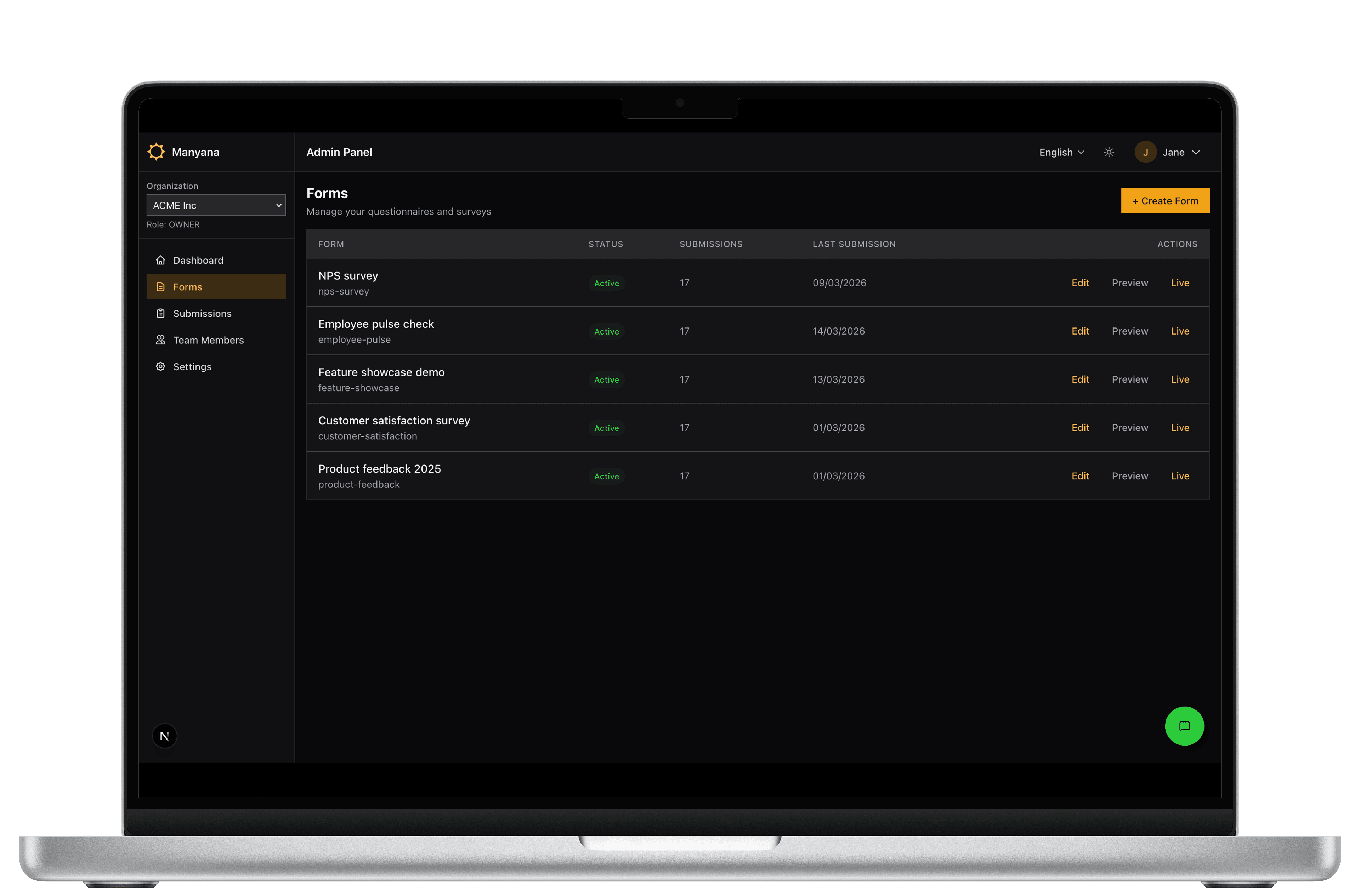 Manyana dashboard on desktop