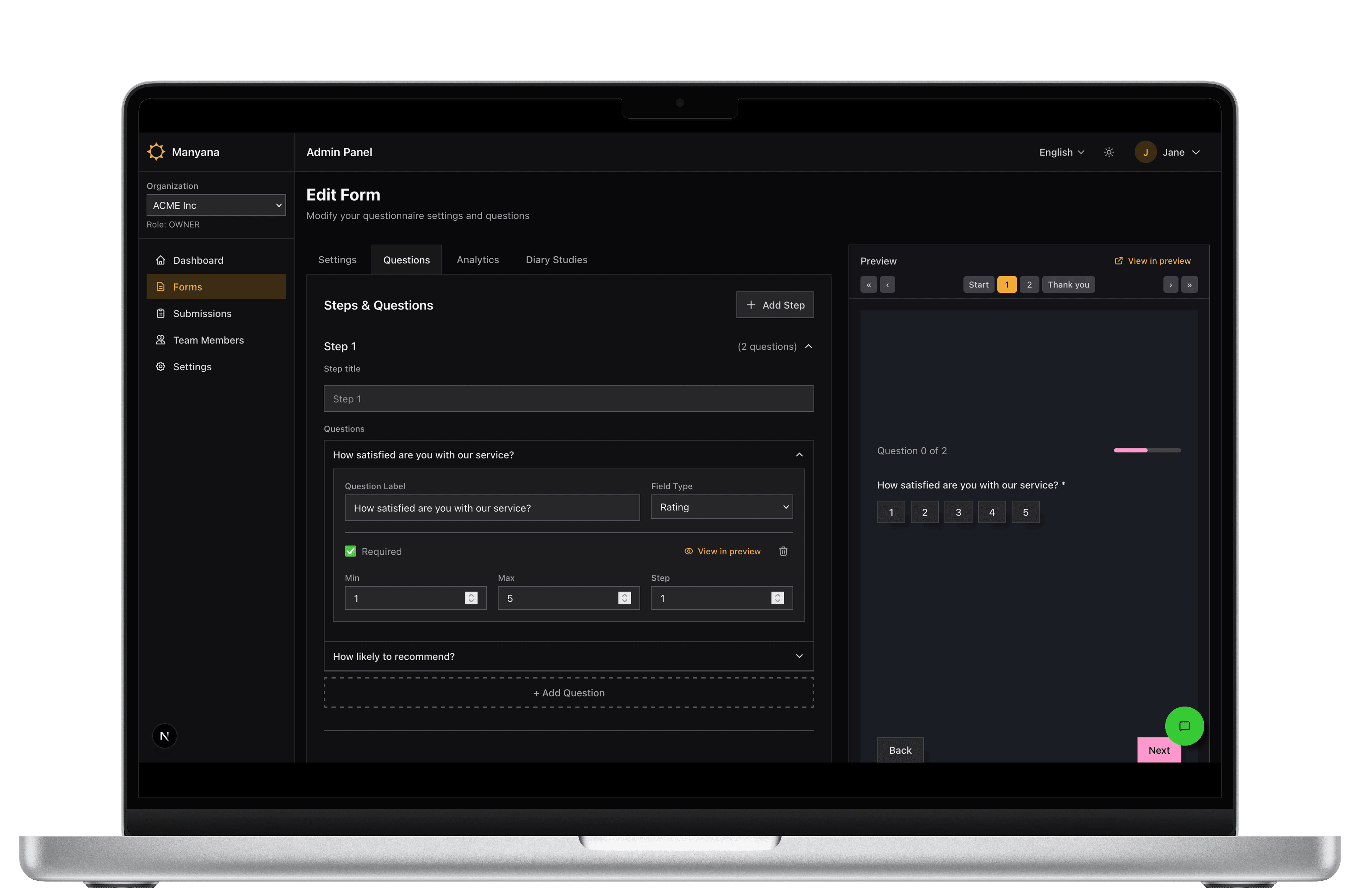 Manyana dashboard on desktop