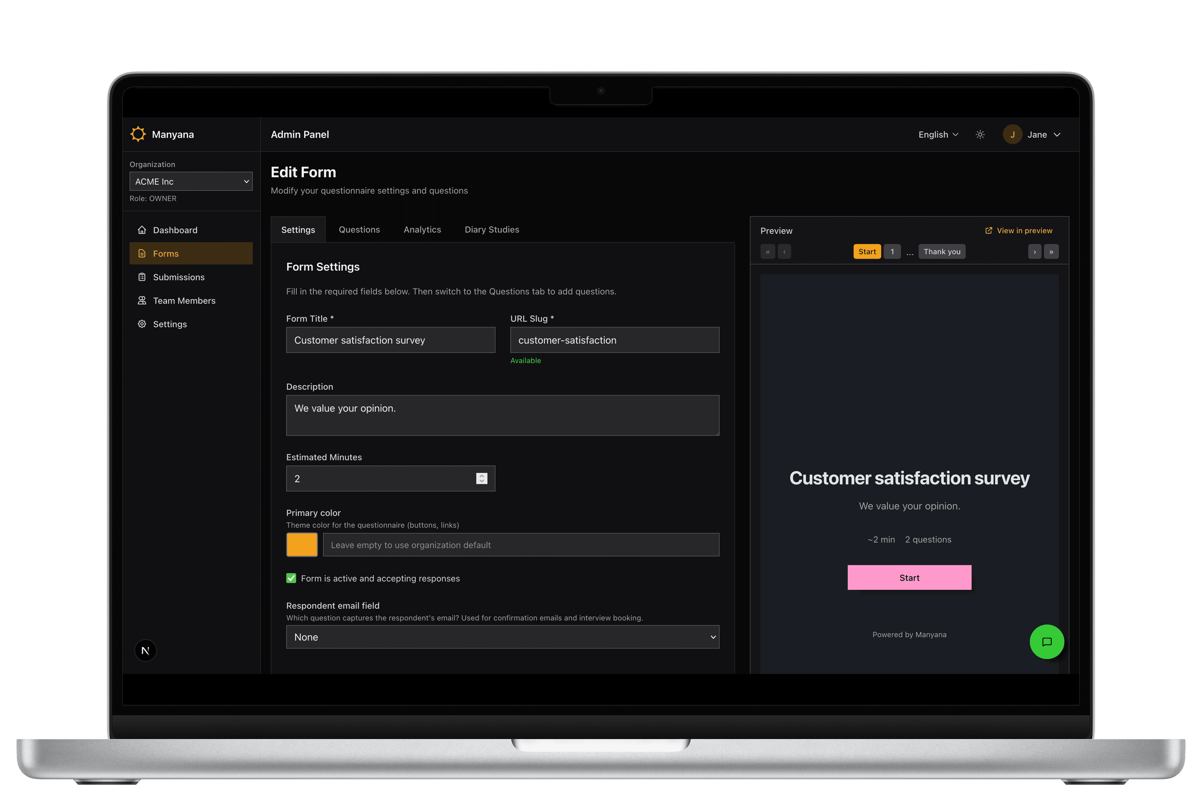 Manyana dashboard on desktop