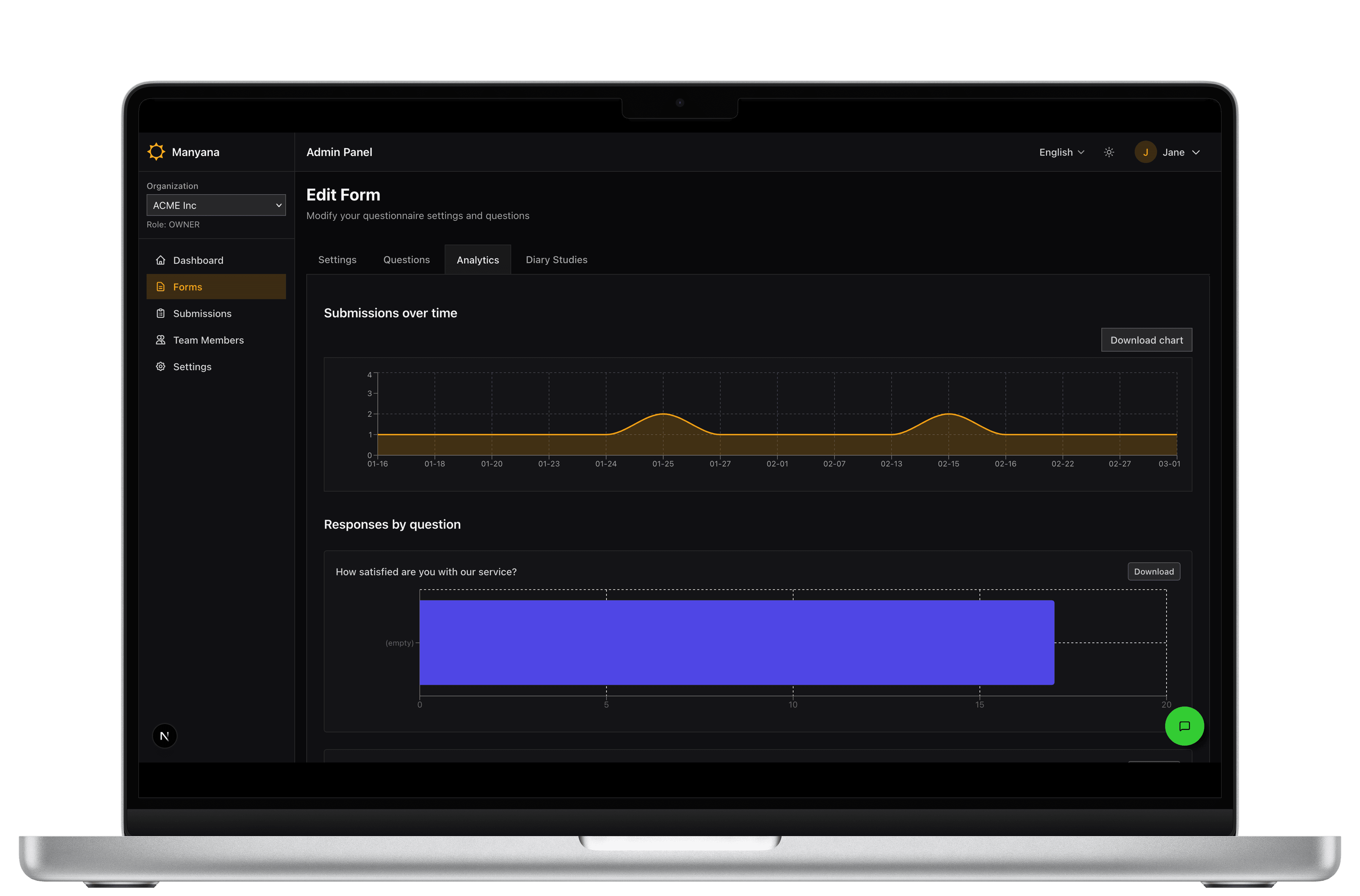 Manyana dashboard on desktop