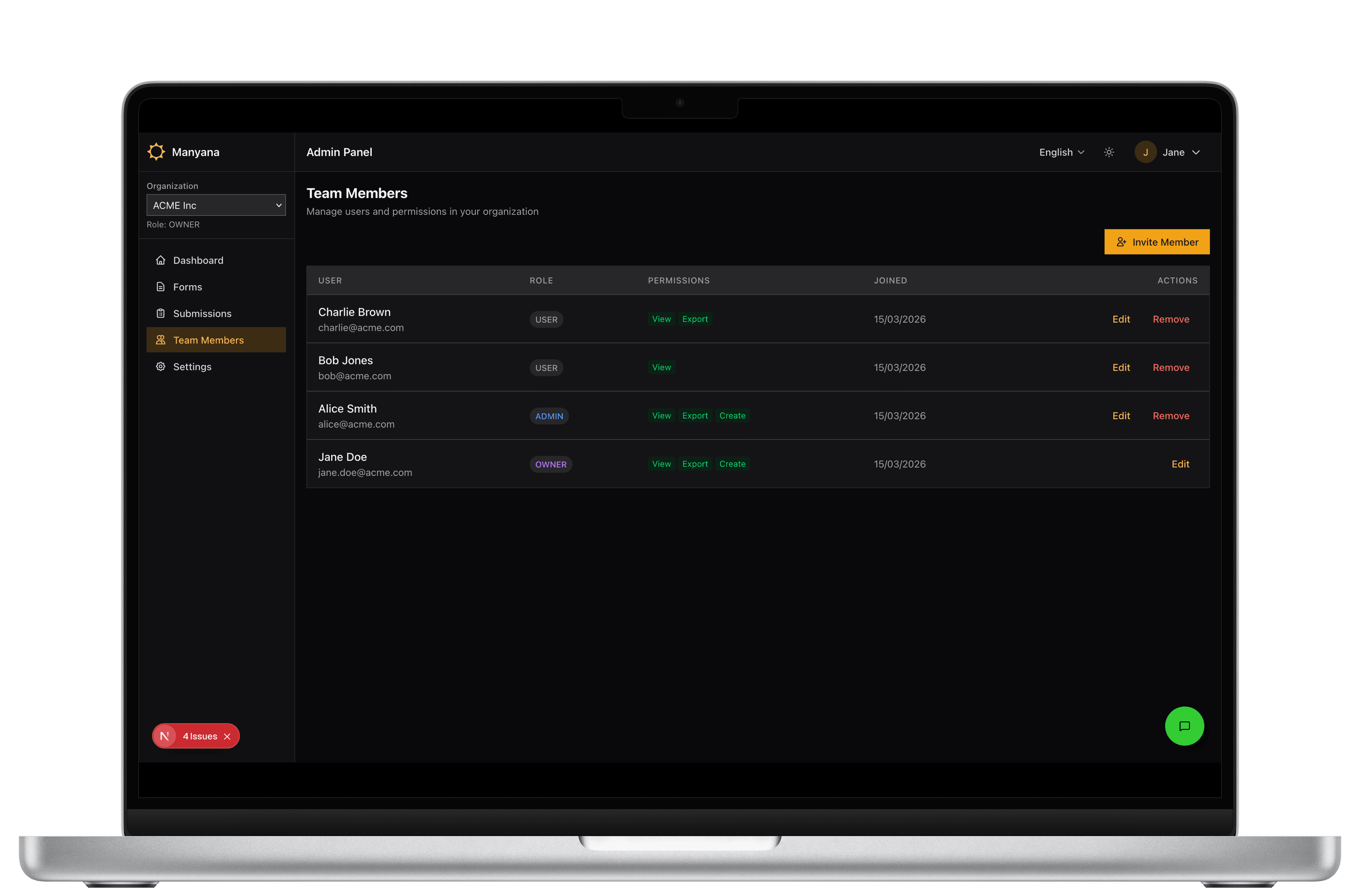 Manyana dashboard on desktop